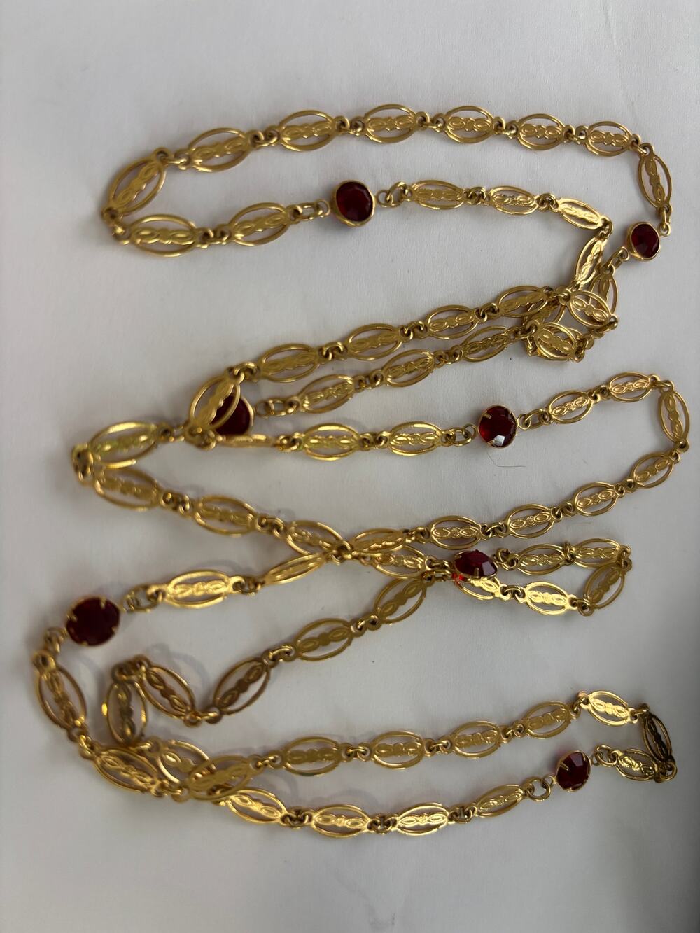 Vintage Gold Tone Chain with Red Besel Set Crystals Station Necklace